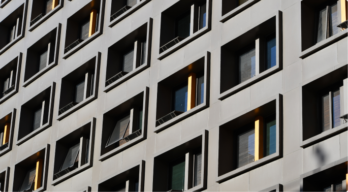 The side of a building with windows.